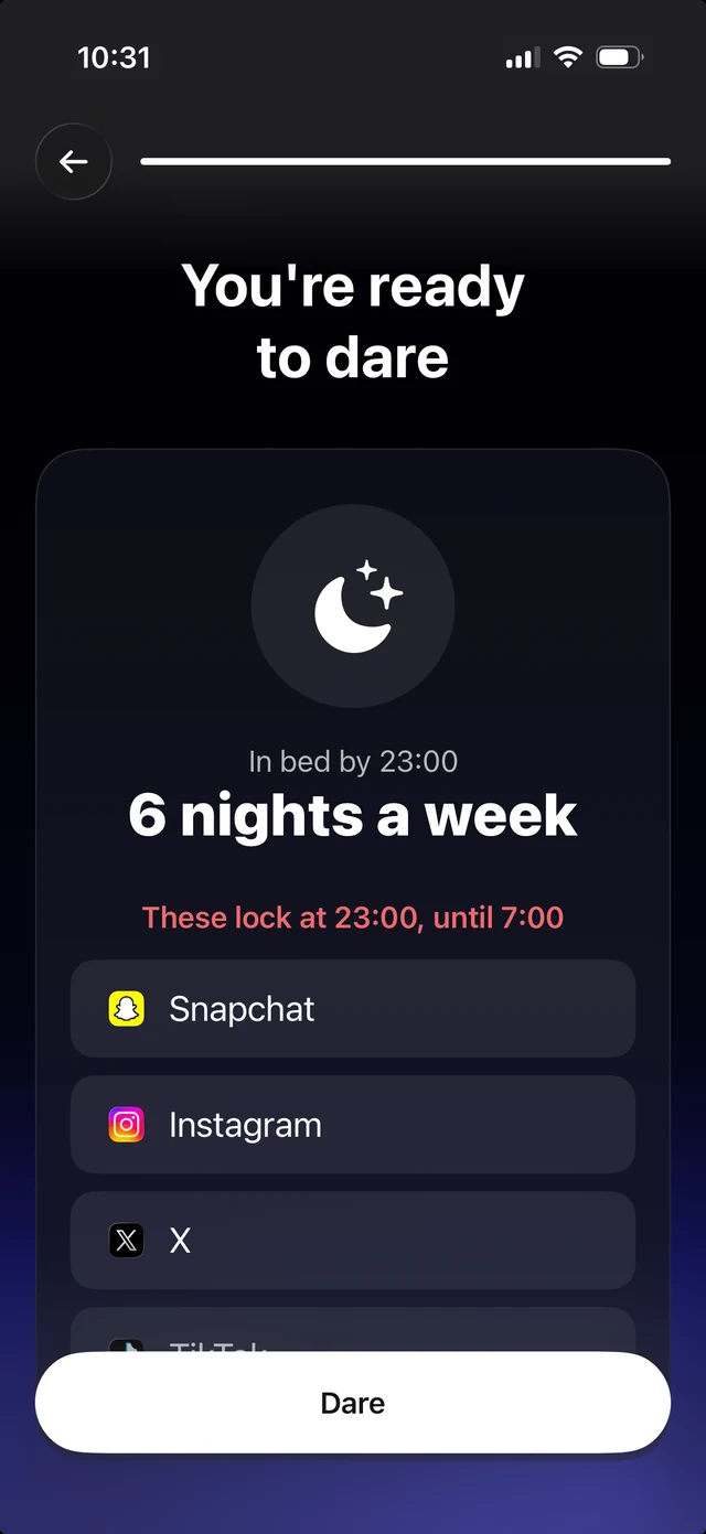 The final step of setting a dare: in bed by 23:00 six nights a week, and the list of apps that lock if you miss it