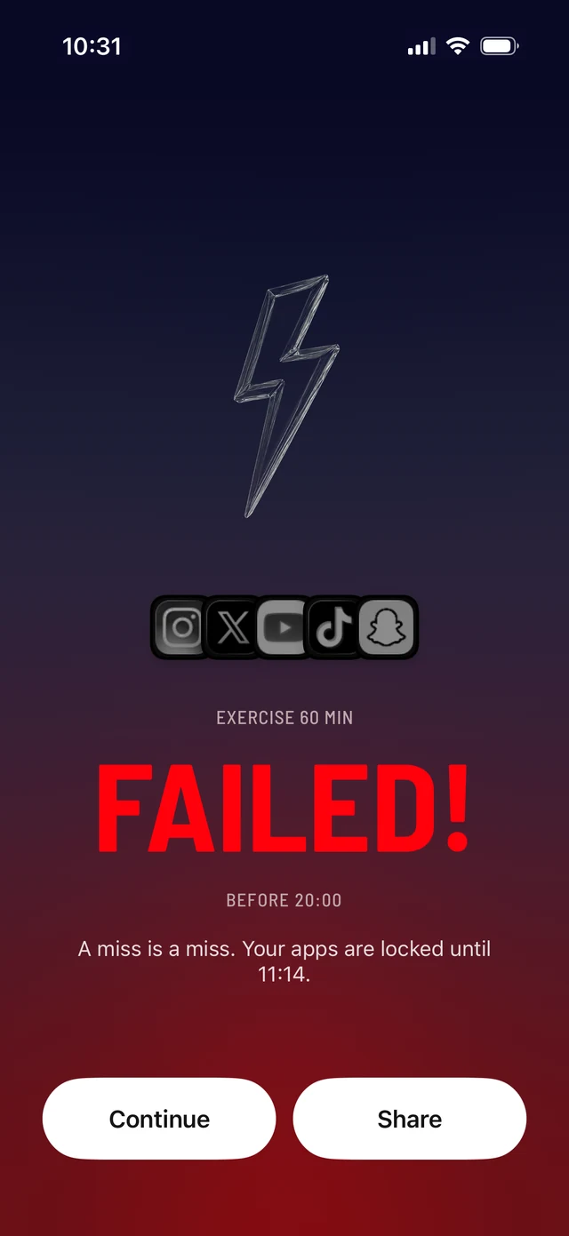The verdict screen after a missed goal: FAILED in red, the chosen apps greyed out, and the time the apps unlock