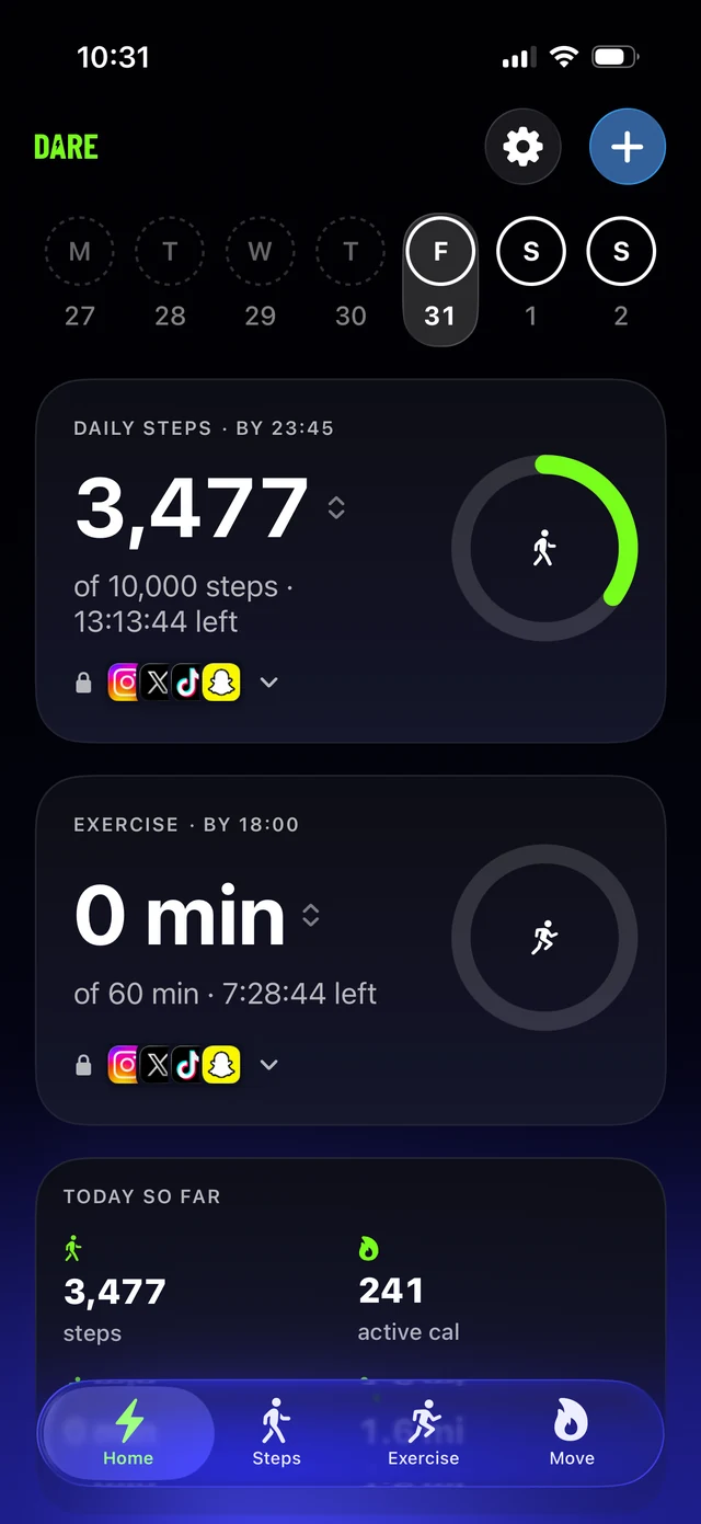 Dare home screen: two active dares with their targets, countdowns and progress rings, and the apps on the line under each