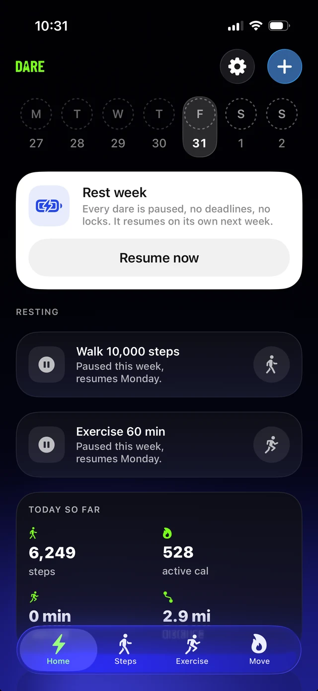 Rest week: every dare paused with no deadlines and no locks, resuming on its own next week