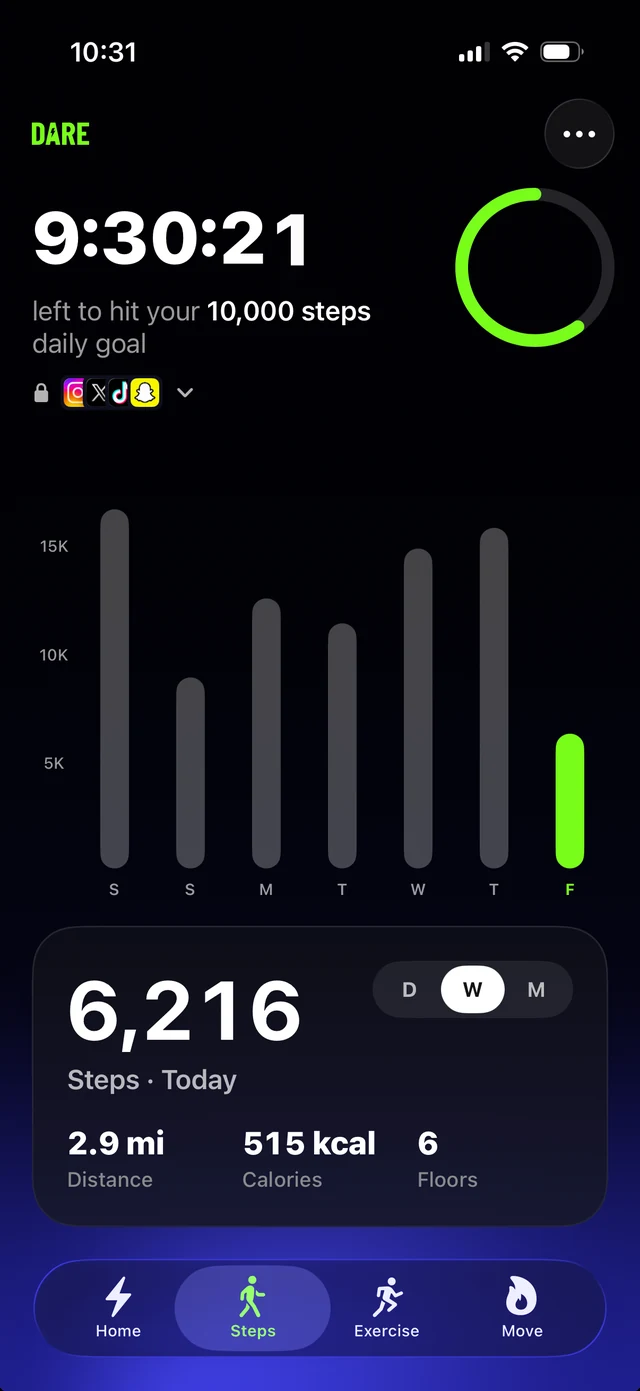 Step tracking read from Apple Health: time left to hit 10,000 steps, a week of daily bars, and today's distance, calories and floors